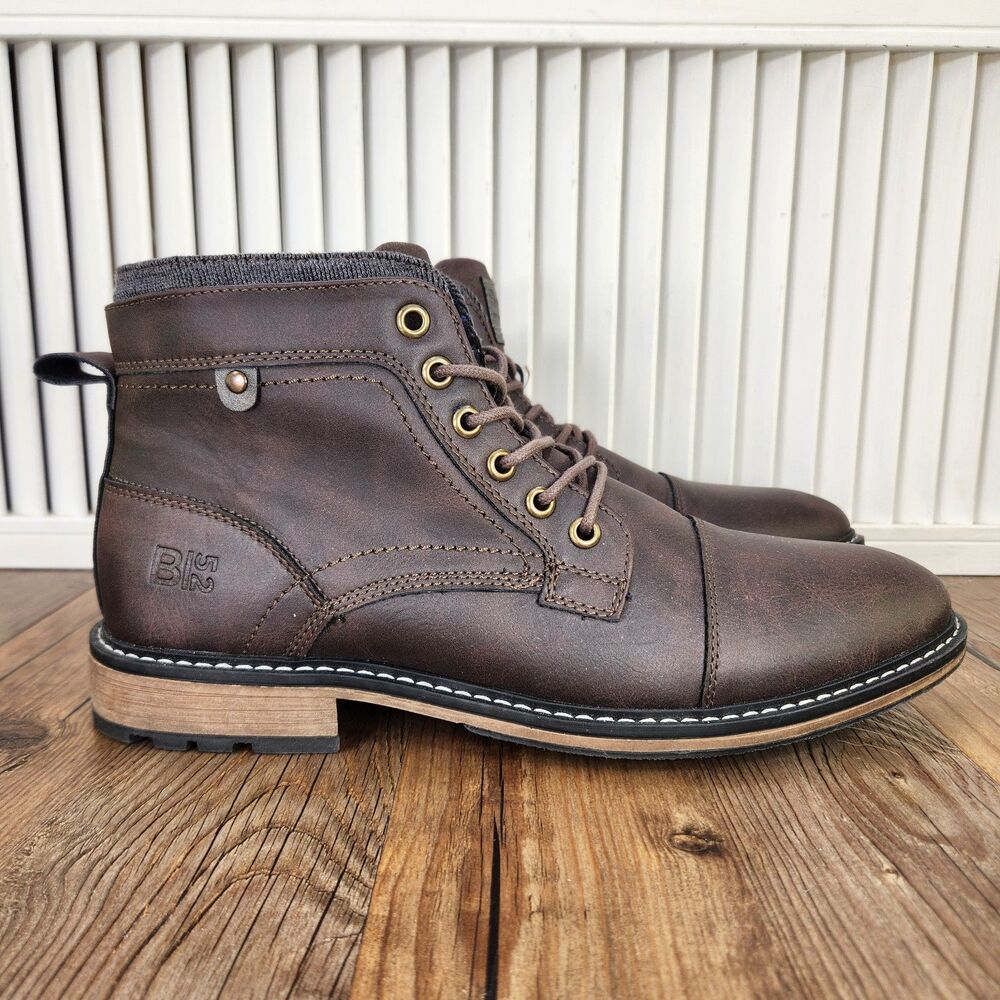 B-52 by Bullboxer Boots Mens Sz 10 Brown Leather Cap Toe Lace Up Ankle Side Zip